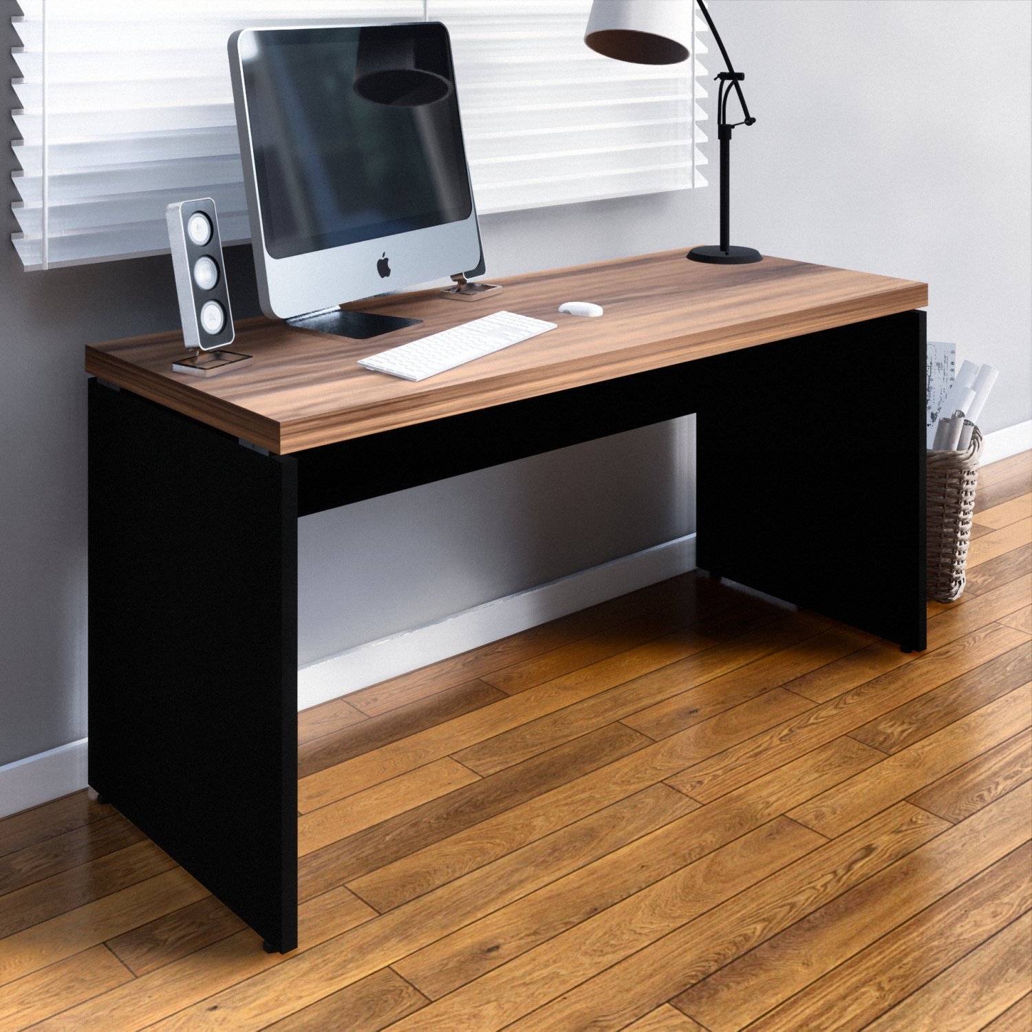 Mesa Retangular Pé Painel 150x60x73,5cm Marrom/preto