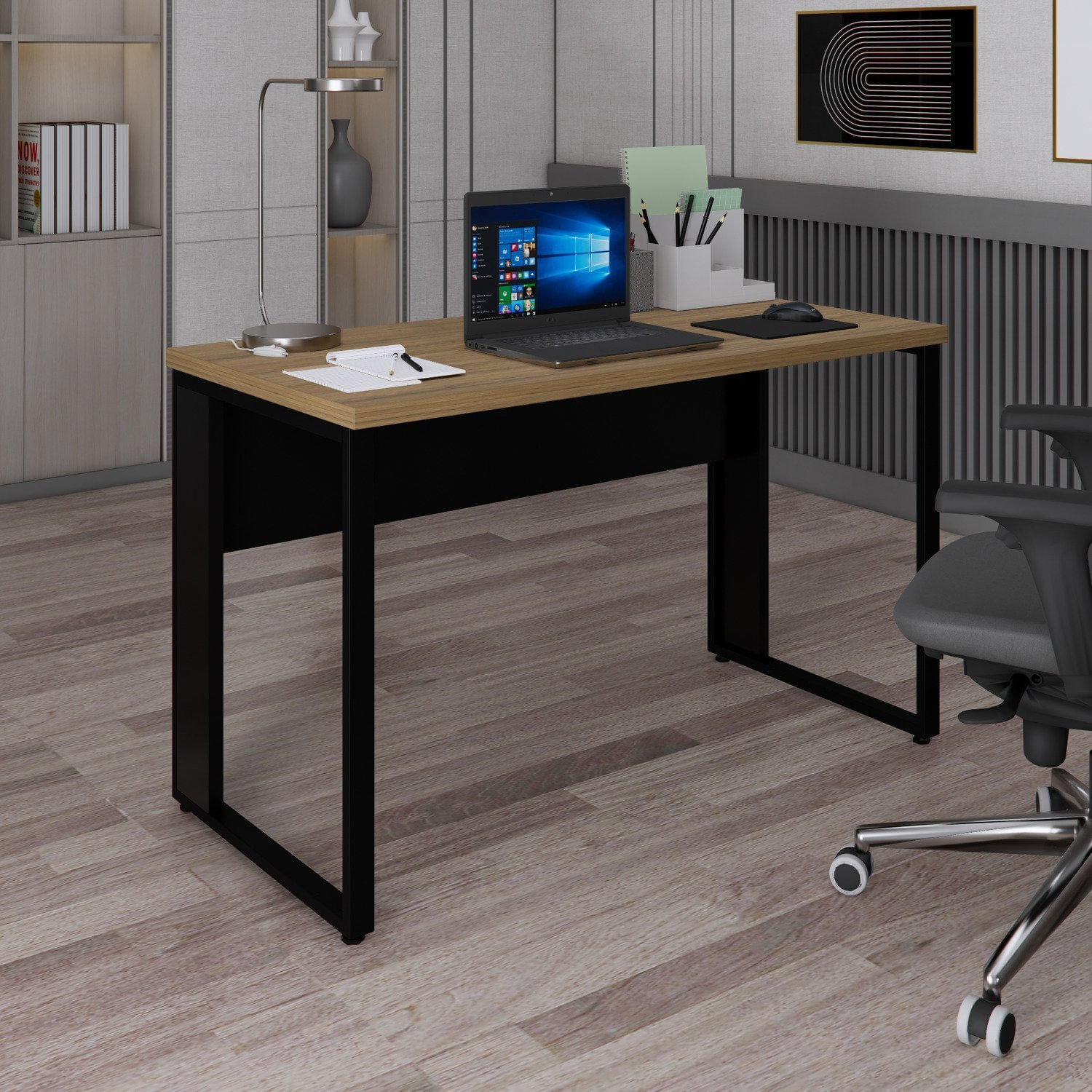 Mesa Retangular Pé Metálico Para Escritório Amadeirado /preto