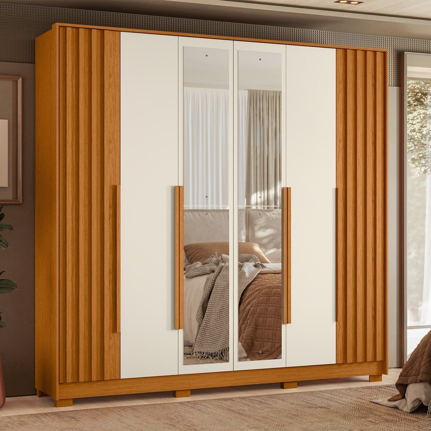 Guarda Roupa Casal 06 Portas Com Espelho Deville Cinamomo/off White
