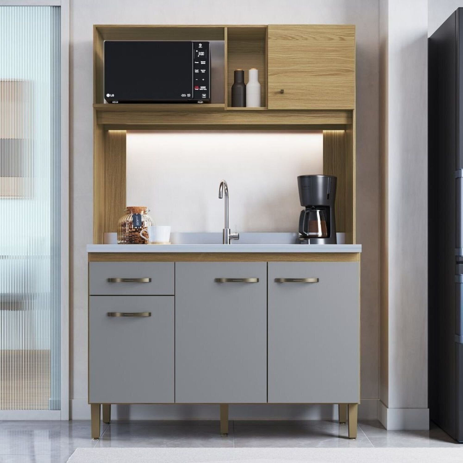 Cozinha Compacta 4 Portas ,1 Gaveta E 1 Nicho Para Forno Ipê/griseo