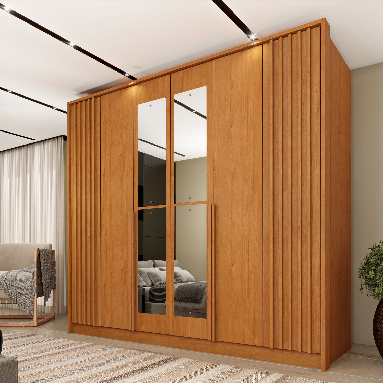 Guarda Roupa Casal 6 Portas Ripado 4 Gavetas 244cm Nova York Com Espelho Espresso Móveis Cinamomo