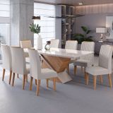 Conjunto Mesa De Jantar Retangular Eleganza 200x90cm Com Vidro E 8 Cadeiras Mel/off White/marfim