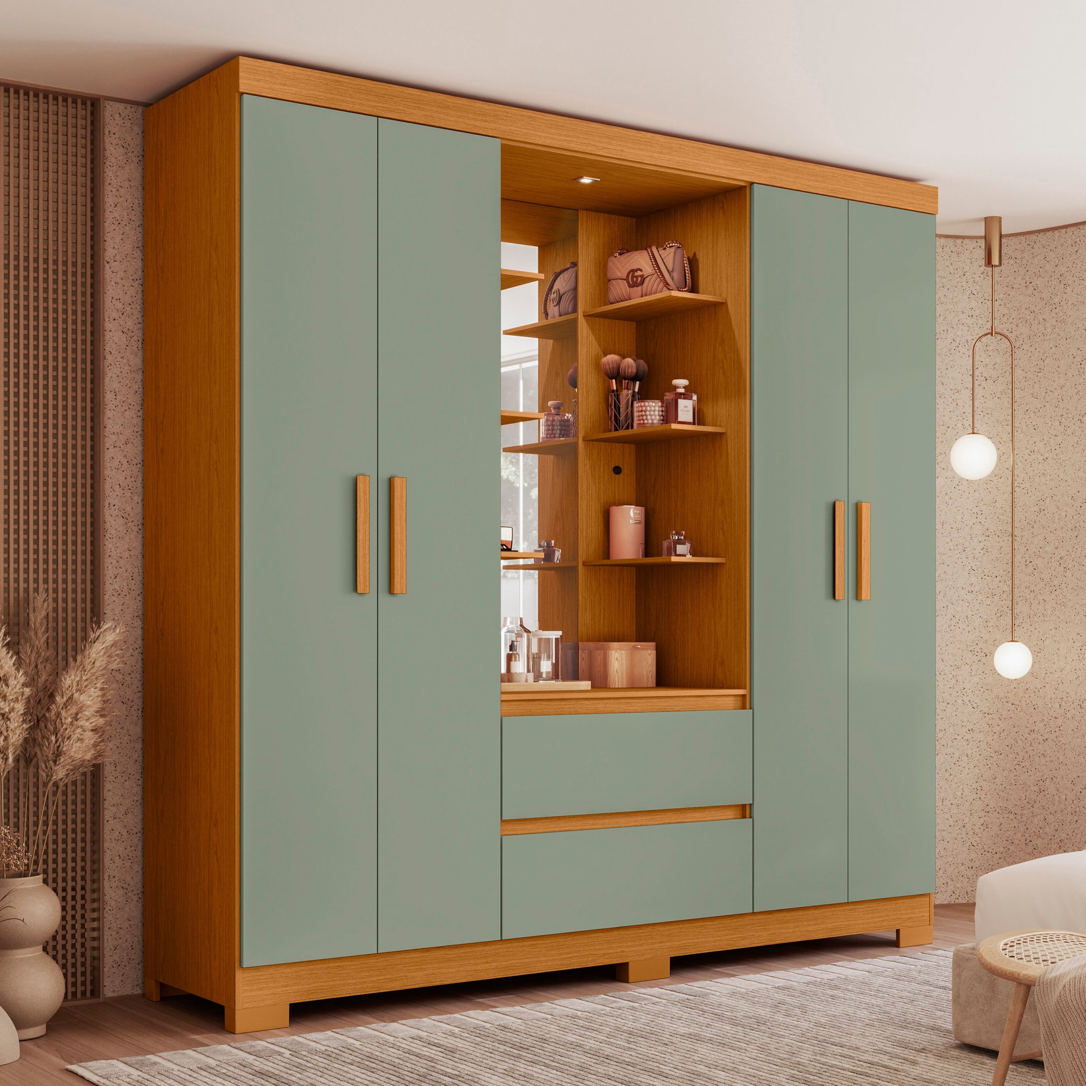 Guarda Roupa Capelinha Casal 04 Portas Olímpia Cinamomo/sálvia