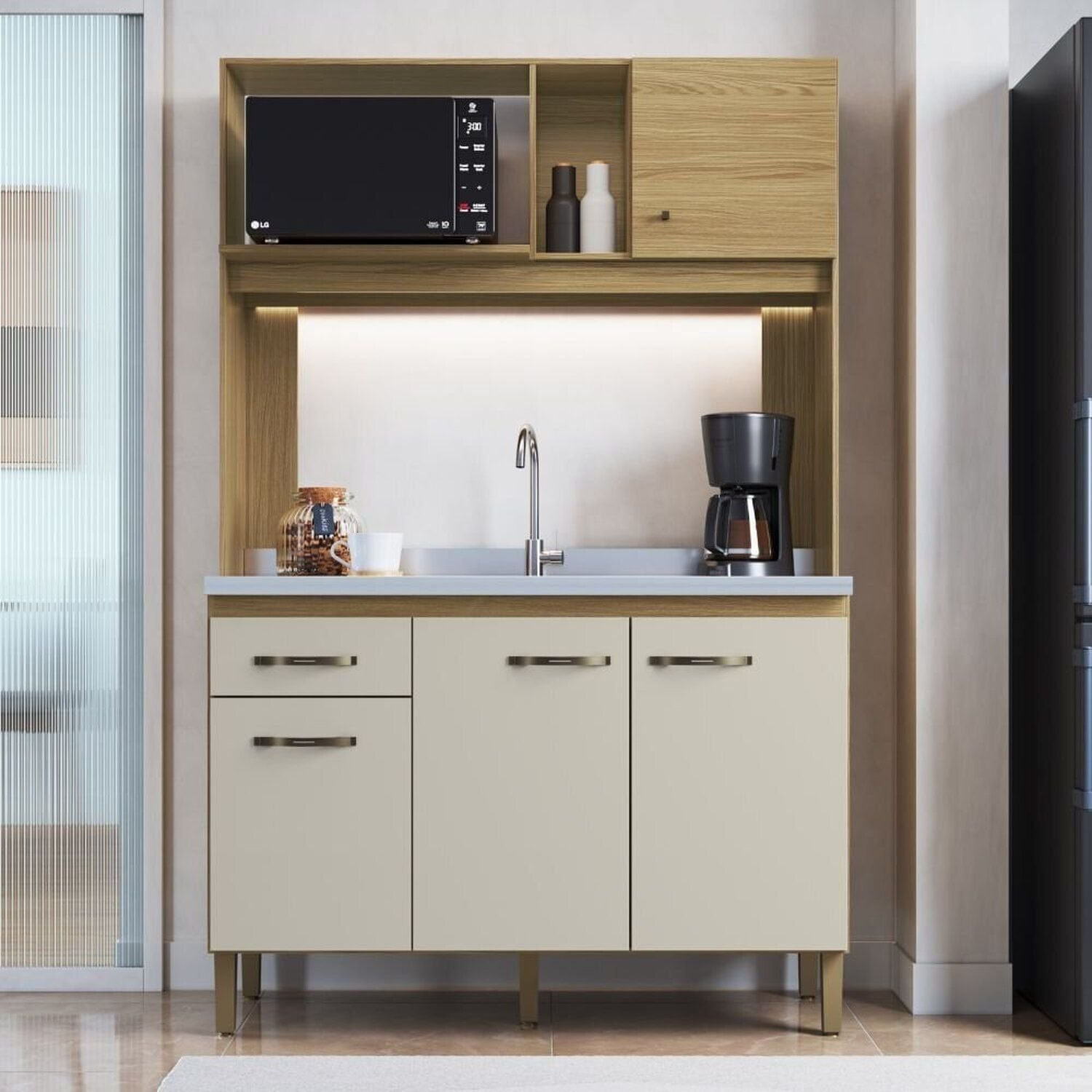 Cozinha Compacta 4 Portas ,1 Gaveta E 1 Nicho Para Forno Ipê/cristalo