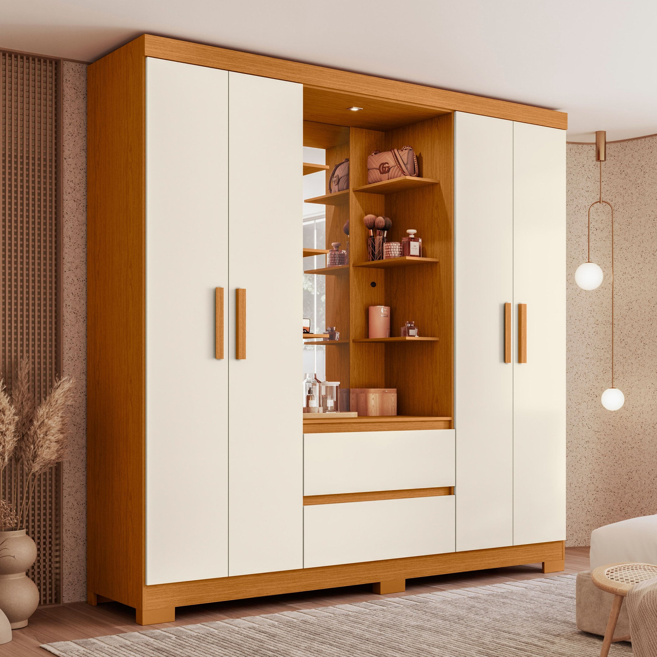 Guarda Roupa Capelinha Casal 04 Portas Olímpia Cinamomo/off White