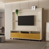 Estante Para Tv Até 60 Polegadas Ripado Com Rodízio 3 Gavetas Absoluto Off White/naturale