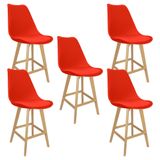 Kit 5 Banquetas Monty Leda Luisa Saarinen Alta Base Fixa Madeira - Vermelho
