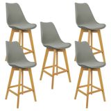 Kit 5 Banquetas Monty Leda Luisa Saarinen Alta Base Fixa Madeira - Cinza