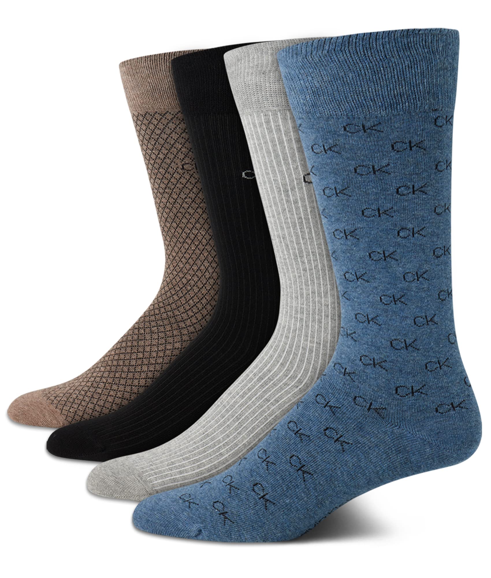 Meias Sociais Calvin Klein, Pacote Com 4, Algodão Penteado, Masculinas, Azul/castanho