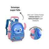 Mochila Escolar Infantil Feminina C/ Rodinhas Stitch Disney