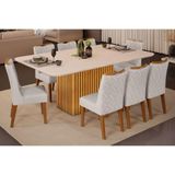 Sala De Jantar Completa Canes Tampo Madeirado C- Vidro Curvo 200x100cm E 8 Cadeiras Stela Cedro-off White - Ipe-linho Neve - Dj Móveis
