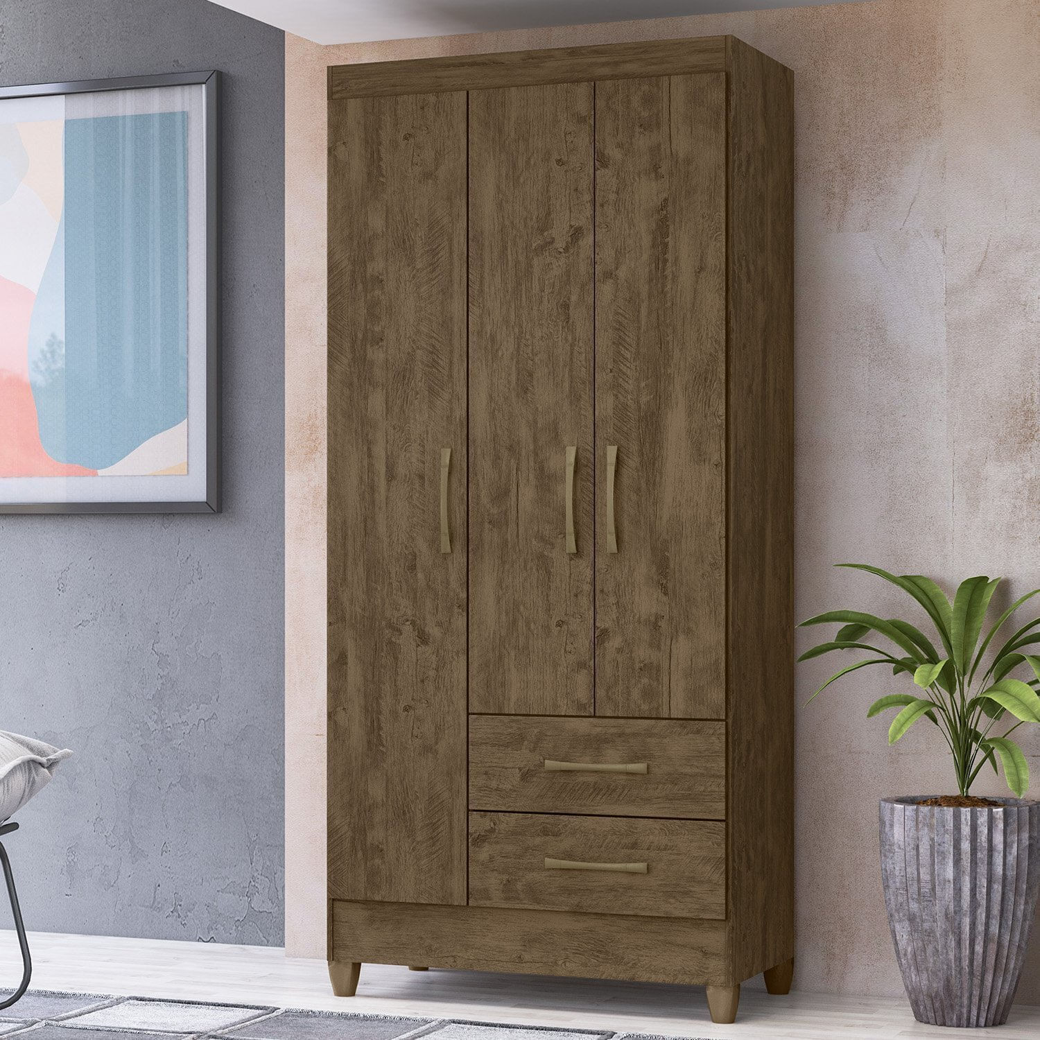 Guarda-roupa Solteiro 3 Portas 2 Gavetas E Pés Lima Castanho Wood