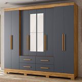 Guarda-roupa Casal Com Espelhos 8 Portas 4 Gavetas E Pés San Lorenzo Plus Freijó/cinza