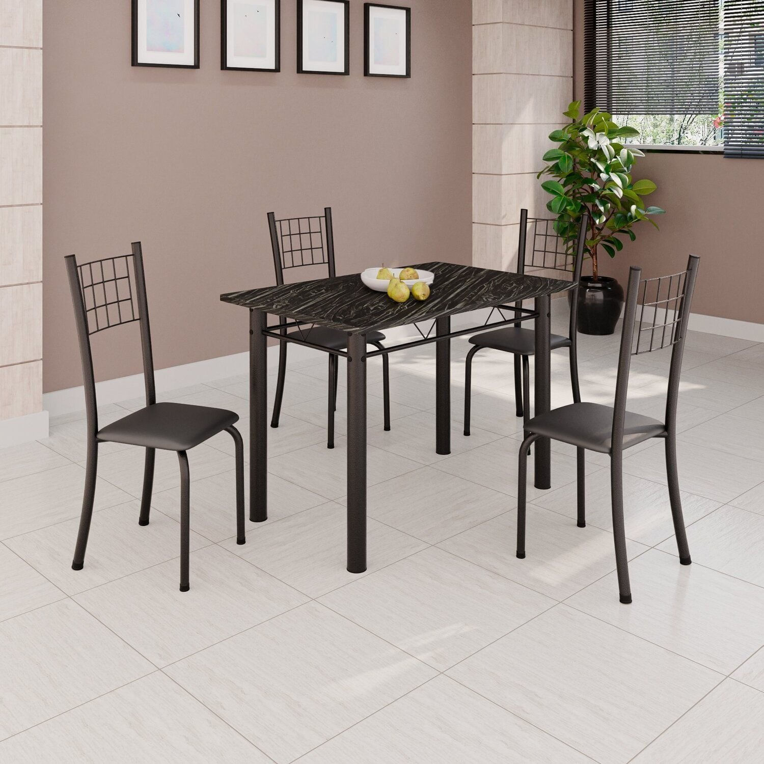 Conjunto De Mesa Tubular 100x60cm Com Tampo E 4 Cadeiras Dany Preto