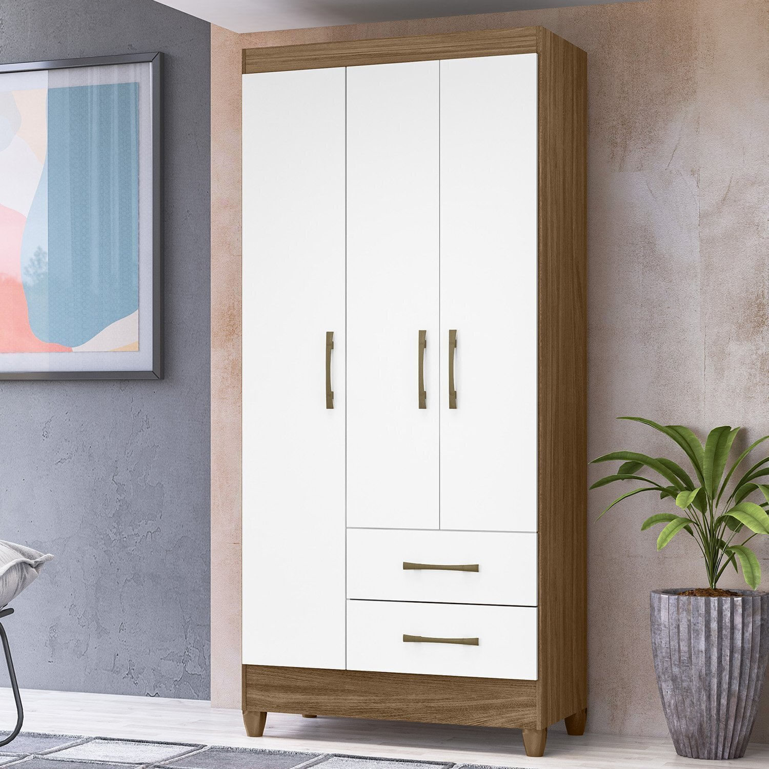 Guarda-roupa Solteiro 3 Portas 2 Gavetas E Pés Lima Naturale/branco