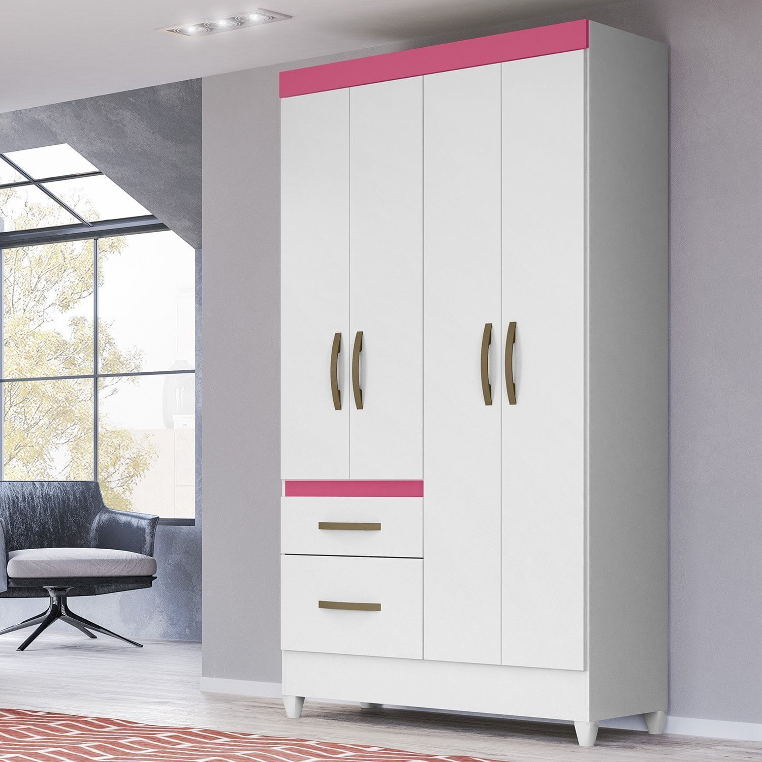 Guarda-roupa Solteiro 4 Portas 2 Gavetas Com Pés Madri Branco/rosa