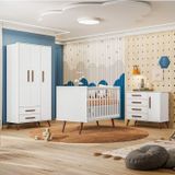 Conjunto Quarto De Bebê Encanto Retrô 1 Berço 1 Cômoda 4 Gavetas 1 Guarda Roupas 3 Portas Branco