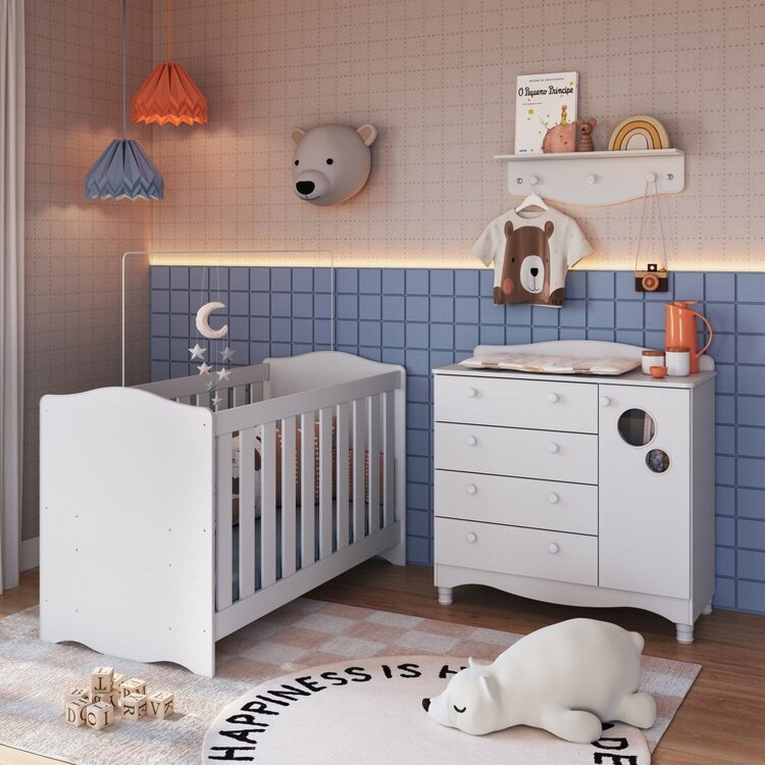 Conjunto Quarto De Bebê 1 Berço 1 Colchão 1 Cômoda Trocador 1 Prateleira Branco