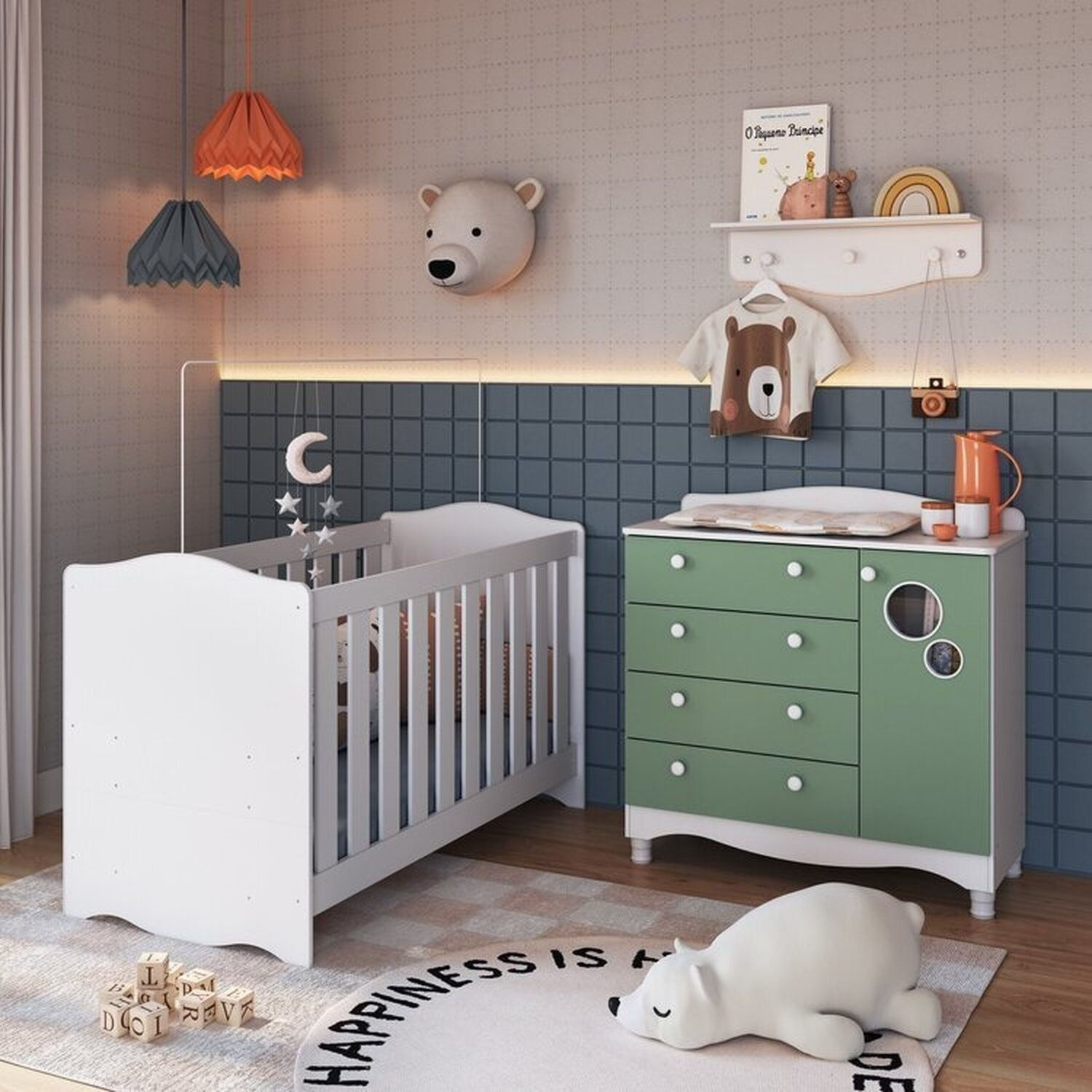 Conjunto Quarto De Bebê 1 Berço 1 Cômoda 4 Gavetas Trocador 1 Prateleira Branco/verde