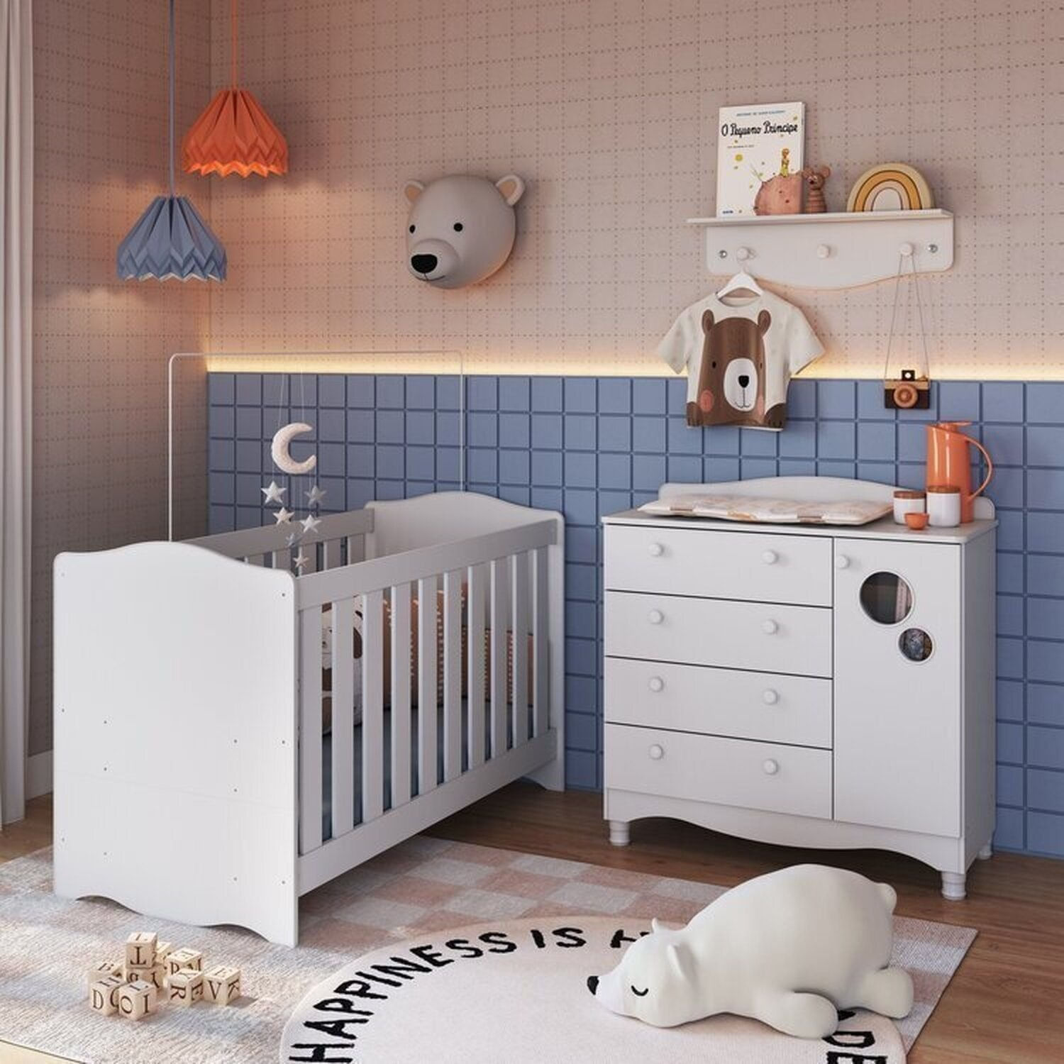 Conjunto Quarto De Bebê 1 Berço 1 Cômoda 4 Gavetas Trocador 1 Prateleira Branco