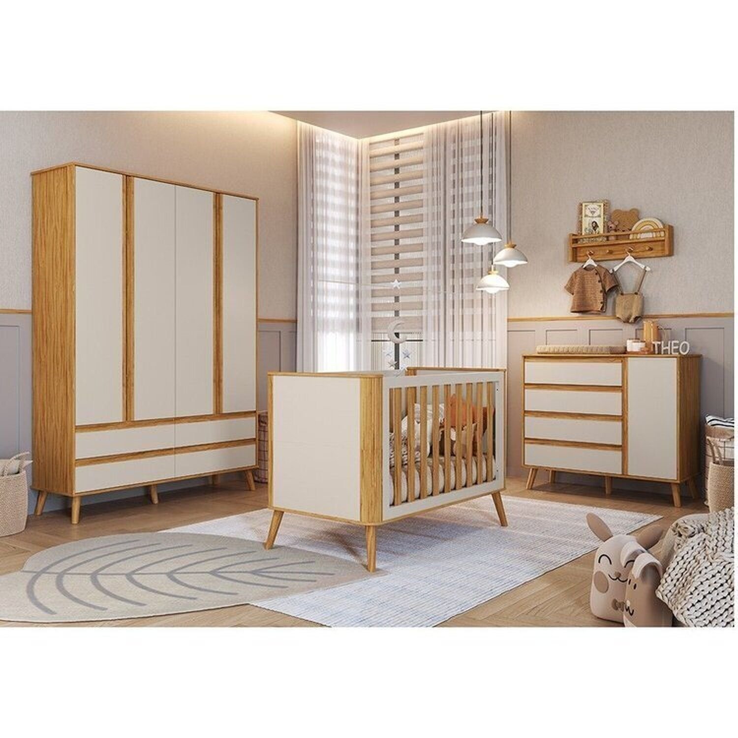 Quarto De Bebê Guarda-roupa 4 Portas Cômoda E Berço Arredondado 3 Em 1 100% Mdf Luly Espresso Móveis Off White/amêndoa