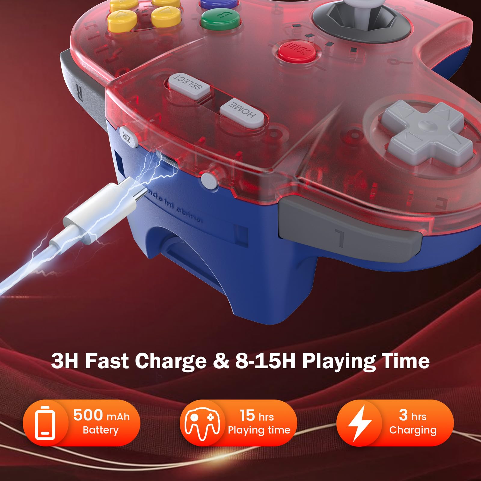 Controlador Sem Fio Kiwitata N64 Para Console De Switch Clear Red