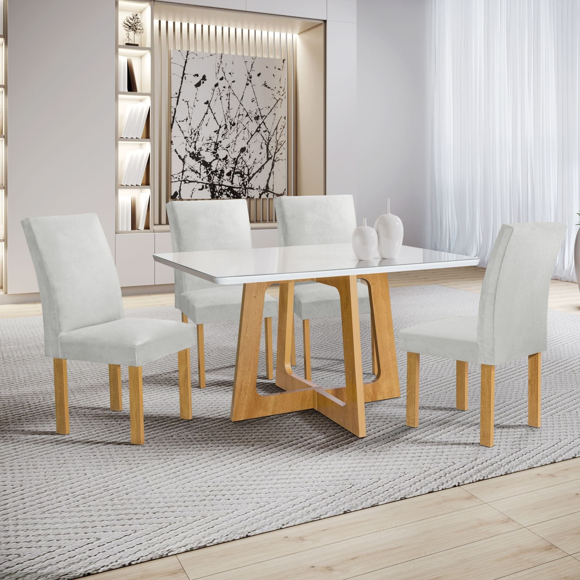 Conjunto Mesa Arizona 120cm Com 4 Cadeiras Canela Tampo Smart Plus Com Vidro Cinamomo/off White/gelo