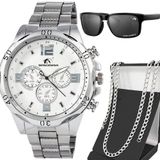 Relogio Masculino Prata Aço Inoxidável + Cordao + Oculos Sol