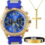 Relogio Masculino Aço Dourado + Colar Crucifixo + Pulseira