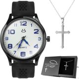 Relogio Masculino Aco Preto + Cordao Crucifixo Robusto Preto