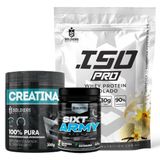 Kit: Whey Protein Isolado Iso Pro 1kg + Creatina Monohidratada 300g + Pré-treino Sixt Army - Soldiers Nutrition Baunilha