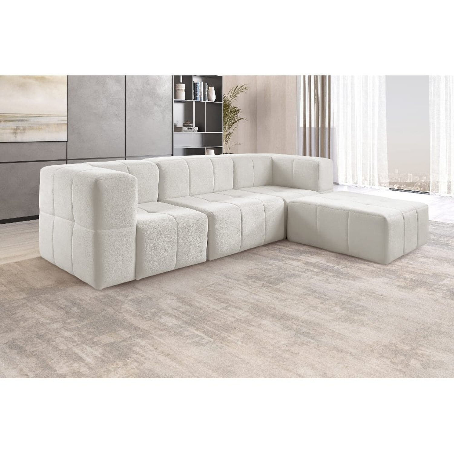 Sofá Modular Box 3 Lugares + Puff Bouclé 65cm X 172cm X 258cm Nude