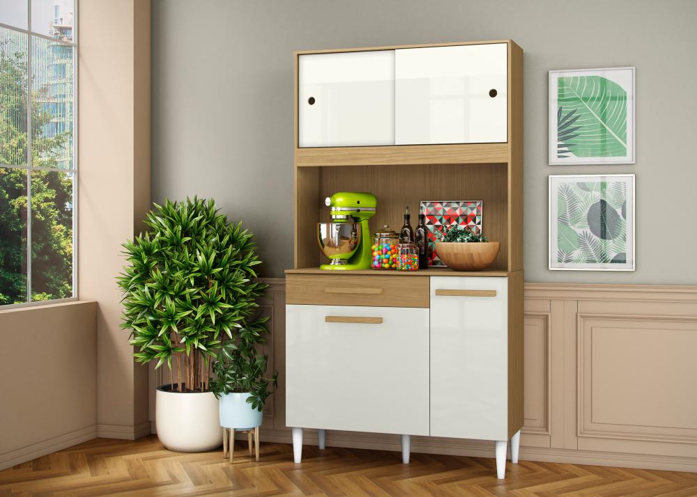 Armário De Cozinha Compacta 4 Portas Pés Plásticos E 1 Gaveta Cosina - Marrom E Off White