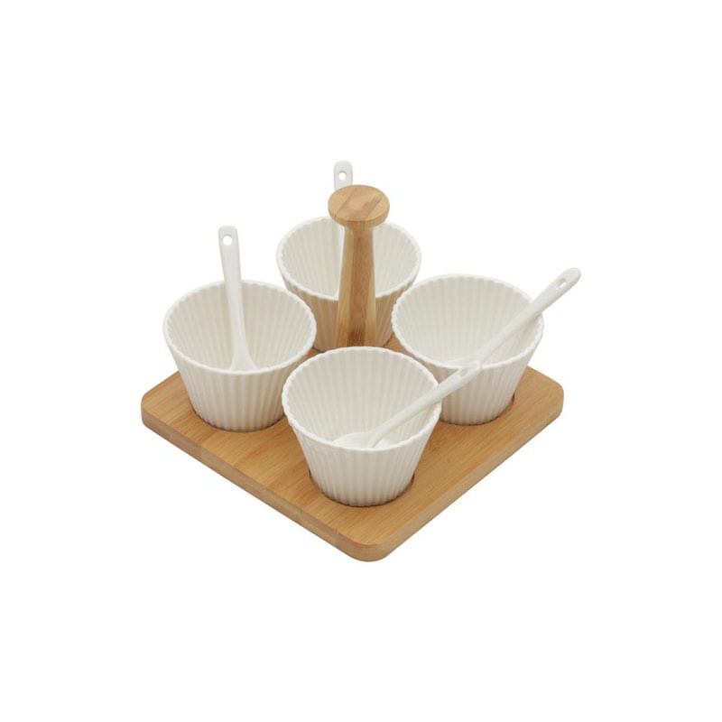 Conjunto 4 Molheiras Porcelana Com Colheres E Suporte Bambu 16X16X13Cm - Bon Gourmet