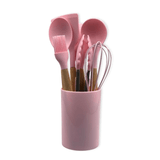 Conjunto De Utensilios Silicone 8 Peças Com Cabo De Madeira