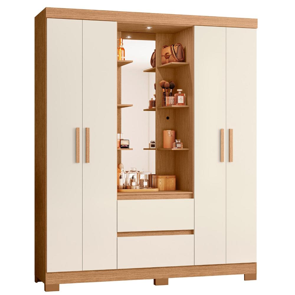 Guarda Roupa Casal Capelinha Olímpia 4 Portas E 2 Gavetas Freijó/off White Com Espelho - Móveis Albatroz