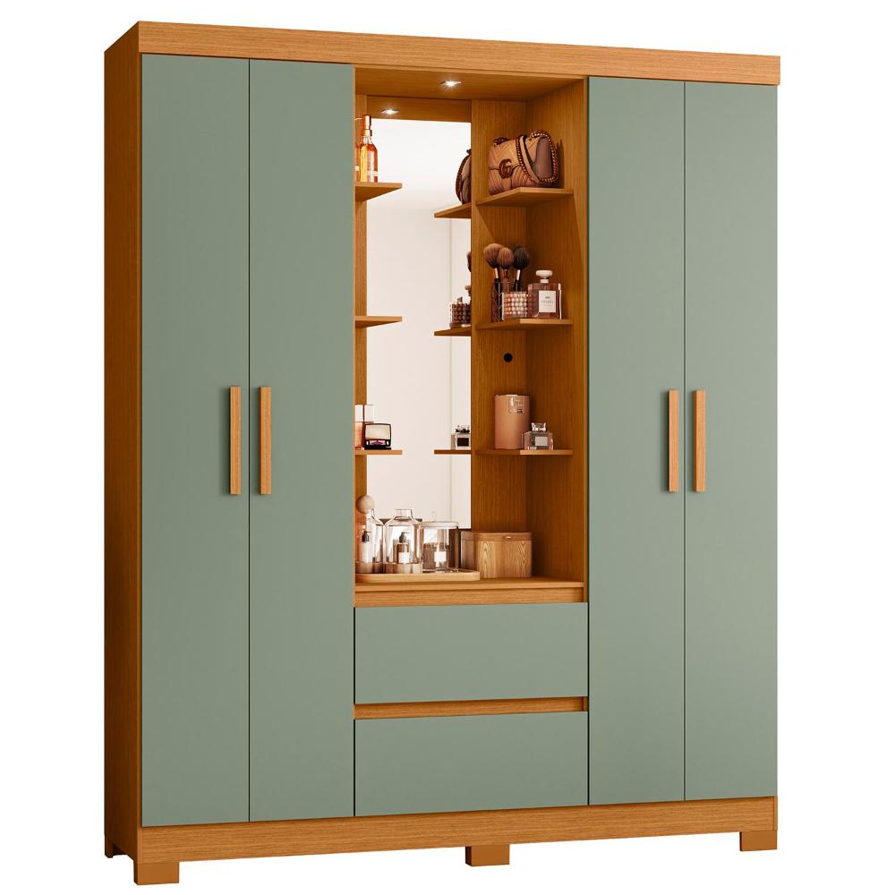 Guarda Roupa Casal Capelinha Olímpia 4 Portas E 2 Gavetas Cinamomo/sálvia Com Espelho - Móveis Albatroz