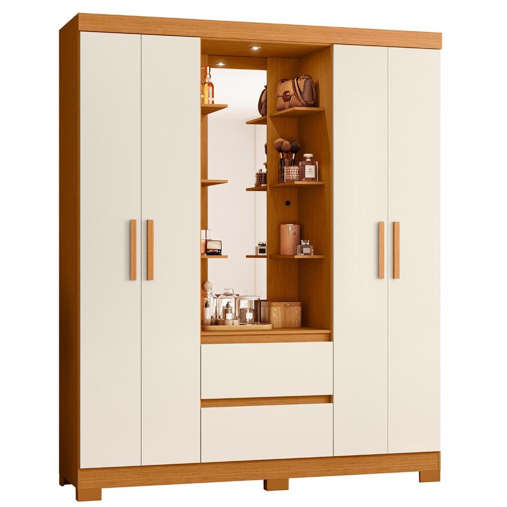 Guarda Roupa Casal Capelinha Olímpia 4 Portas E 2 Gavetas Cinamomo/off White Com Espelho - Móveis Albatroz