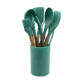 Conjunto De Utensilios Silicone 8 Peças Com Cabo De Madeira