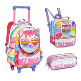 Kit Mochila De Rodinhas + Lancheira + Estojo Duplo Gatinha Óculos Denlex