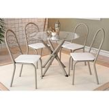 Conjunto Mesa Sala Jantar Volga Com Tampo De Vidro 95cm E 4 Cadeiras Holanda Niquel Branco Kappesberg
