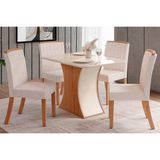 Conjunto Mesa Sala Jantar Luiza Com Tampo Curvo Madeirado Com Vidro 120x80cm E 4 Cadeiras Tauá Nature Linho Henn