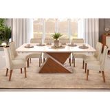 Sala De Jantar Zafira Tampo Madeirado Com Vidro Curvo 200x100cm E 8 Cadeiras Jade Freijo Off White Linho Neve