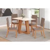 Conjunto Mesa Sala Jantar Lins Com Tampo Madeirado 120x80cm E 4 Cadeiras Milla Nature Off White Suede Marrom Henn