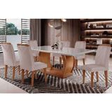 Conjunto Mesa Sala Jantar Jade Tampo Madeirado Com Vidro Curvo 180x90 E 6 Cadeiras Amsterdã Imbuia Suede Creme Rufato