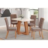 Conjunto Mesa Sala Jantar Lins Com Tampo Madeirado Com Vidro Curvo 120x80cm E 4 Cadeiras Esther Nature Linho Cacao Henn
