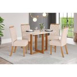 Conjunto Mesa Sala Jantar Natalí Com Tampo Madeirado Com Vidro Curvo 120x80cm E 4 Cadeiras Bella Nature Linho Henn