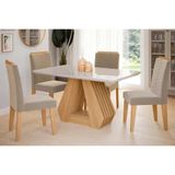 Conjunto Mesa Sala Jantar Ágata Tampo Madeirado Com Vidro 130x80cm E 4 Cadeiras Clarice Madeirado Linho Bege Cimol