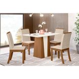 Conjunto Mesa Sala Jantar Orus Tampo Madeirado Com Vidro 120x80cm E 4 Cadeiras Isa Nature Linho Henn