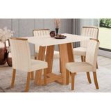 Conjunto Mesa Sala Jantar Lins Sc91 Tampo Madeirado Com Vidro Canto Reto 120x80cm E 4 Cadeiras Tauá Nature Linho Henn